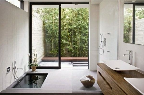 Minimalist bathroom in ground bathtub wood vanity cabinet with sink 