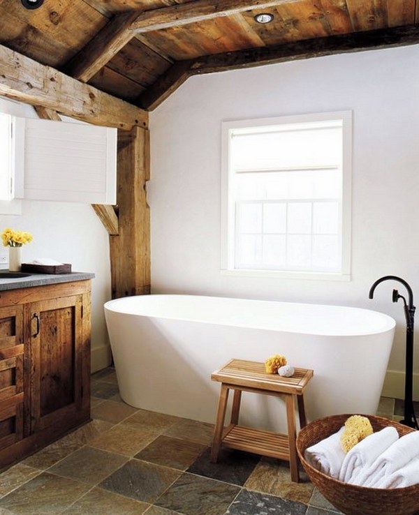 Minimalist bathroom country style rustic decor ceiling beams 