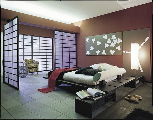 Modern-Asian bedroom decoration ideas paper screen door black furniture