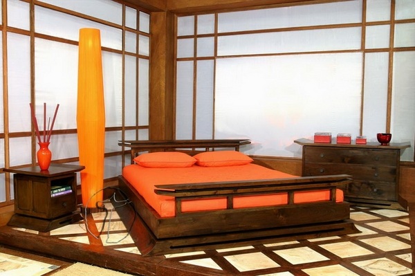 Modern Asian bedroom design wooden furniture orange decoration 