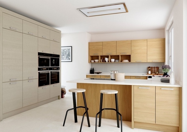 Modern kitchen oak cabinet fronts white countertop gray backsplash tiles