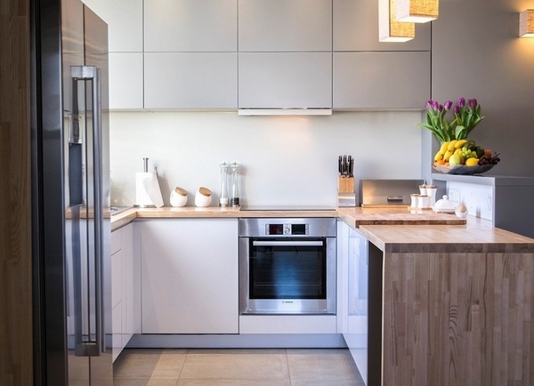 Modern kitchen oak countertop gray white cabinet fronts