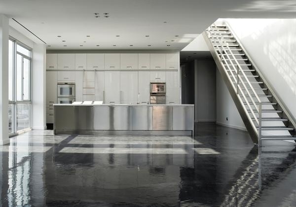 Modern polished conrete floor minimalist kitchen design ideas