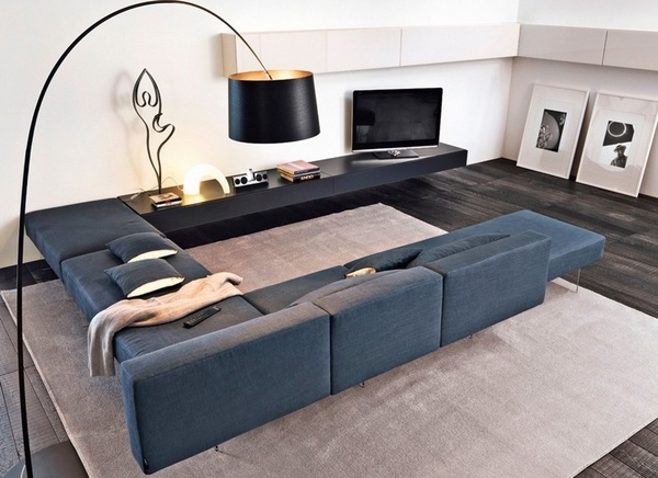 Sofa gray color black floor lamp black floating shelf modern 