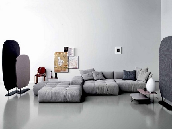 Sofa light gray color red chair modern art floor lamp