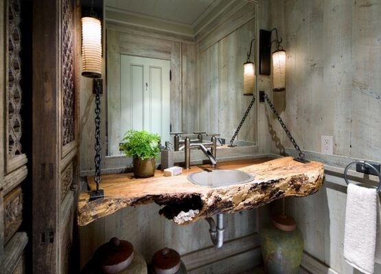 Solid-wood-sinks-countertop-stylish-rustic-bathroom-decor