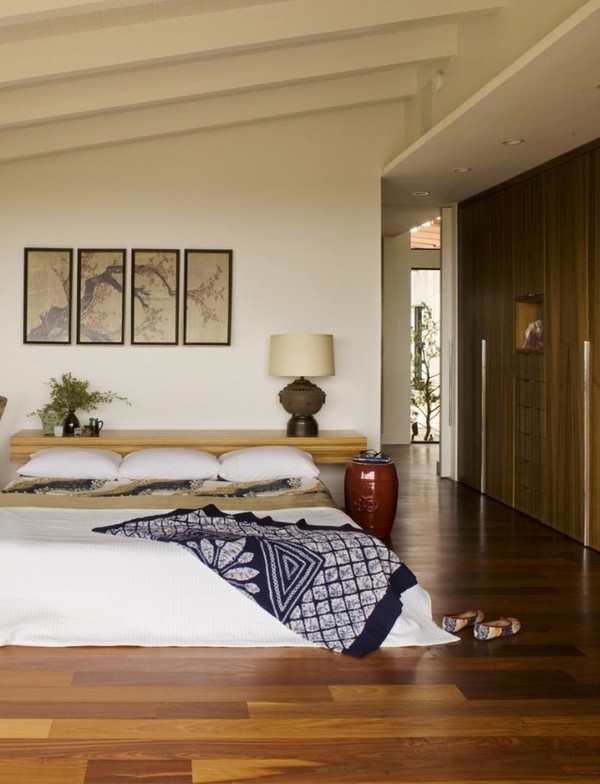 asian style bedroom design side table wood floor wall paintings