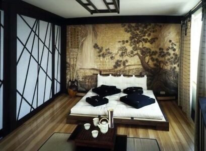 asian-themed-bedroom-design-futon-bed-black-table-awesome-wall-decor