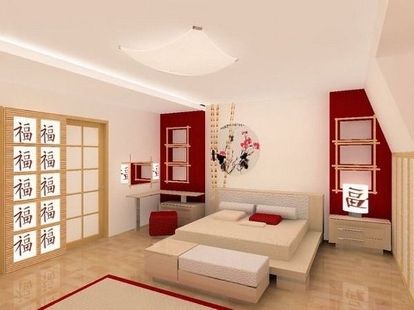 asian themed bedroom design ideas sliding doors low bed red accent color