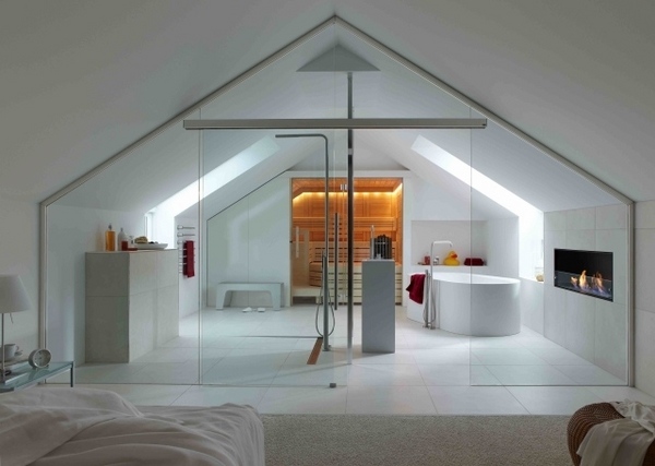 attic room ideas modern bathroom sauna sliding glass doors