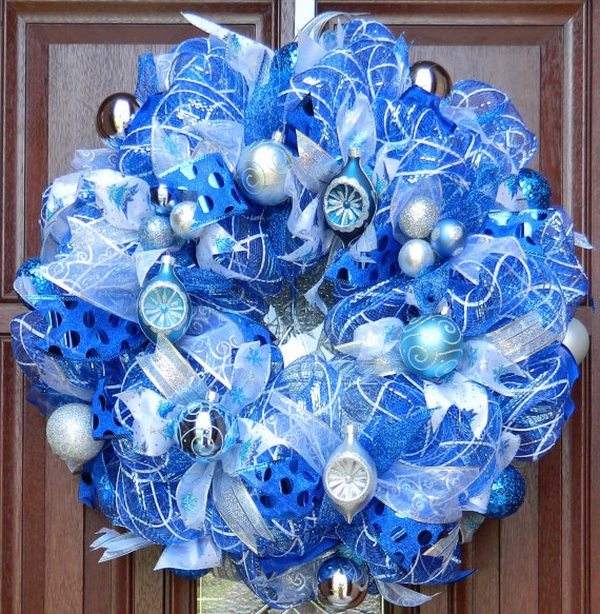 Blue And Silver Poinsettia Holiday Deco Mesh Wreath Handmade 