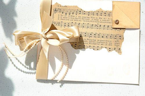 beautiful DIY card ideas music sheet ribbon pearls
