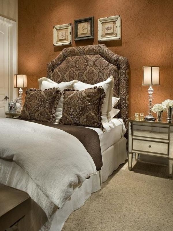 bedroom decoration ideas accent wall tall upholstered headboard 