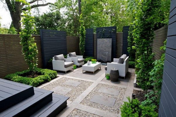 best small garden ideas Sandstone paving stones privacy wall modern outdoor furniture