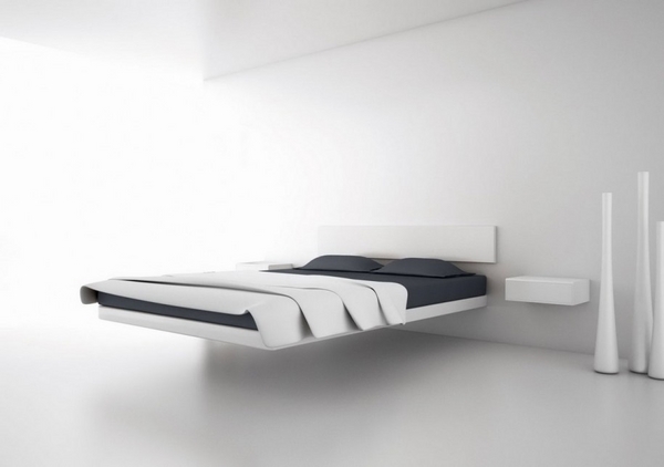 black and white-minimalist-bedroom-floating-bed-wall-mounted-nightstand 