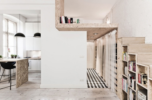 contemporary apartoment interior-under-stairs-storage-shelves