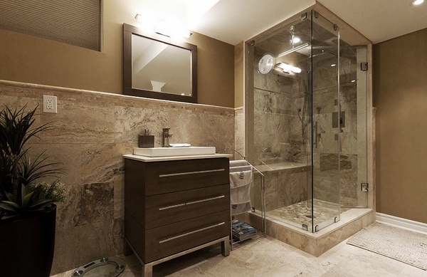 contemporary basement bathroom design ideas walk in shower wooden vanity cabinet 