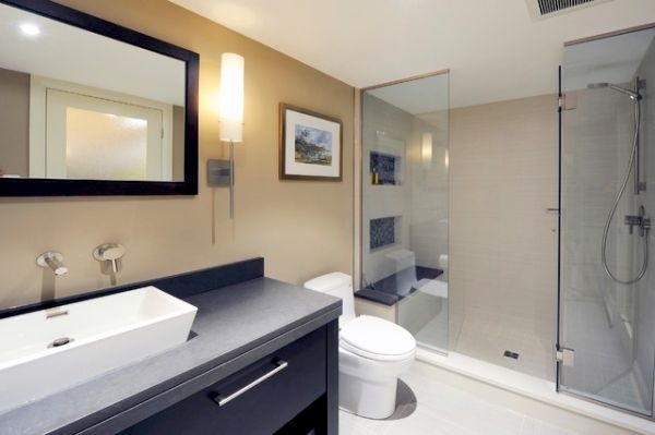 contemporary basement bathroom ideas walk in shower black vanity cabinet white sink