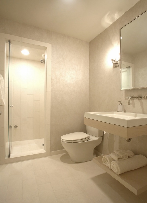 bathroom interior design neutral colors beige white floating vanity open shelf