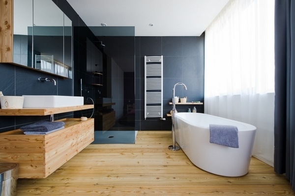 contemporary bathroom design wood floor vanity unit freestanding tub