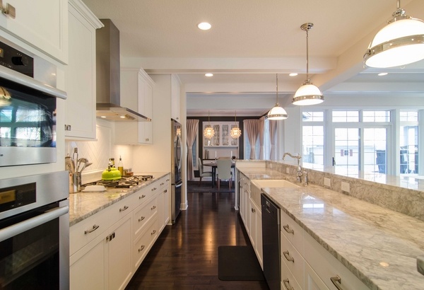 contemporary-galley-kitchen-design-ideas-white-cabinets-granite-countertops-pendant-light-fixtures