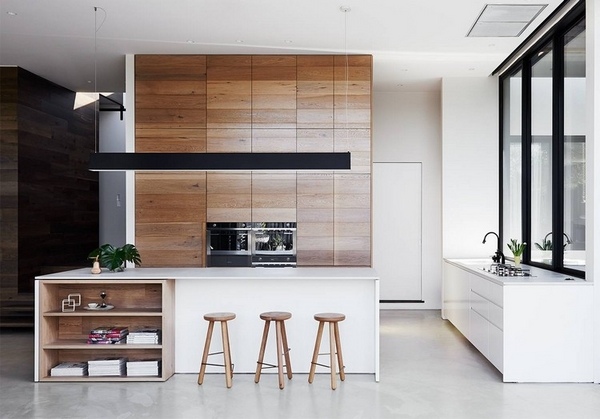 contemporary kitchen design oak wood white kitchen island open shelves