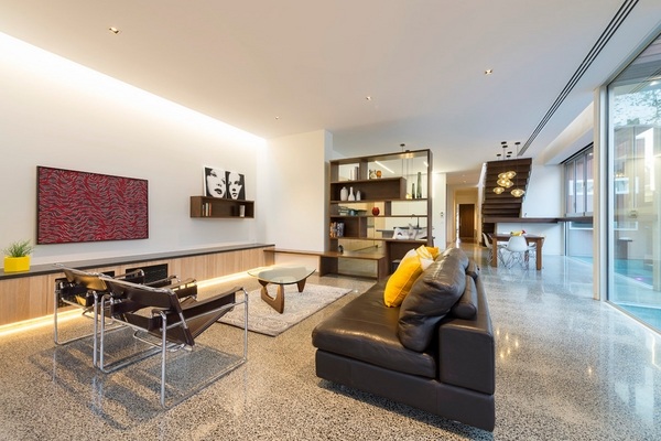 contemporary living room interior leather furniture polished concrete floor