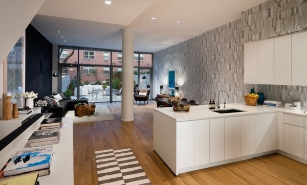 contemporary loft interior design white kitchen wood floor 