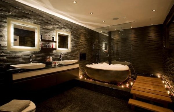 cool bathroom dark wood vanity freestanding tub walk in shower glass walls
