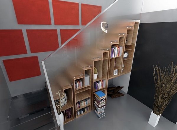 cool-under-stairs-storage-ideas-open shelves system home library ideas