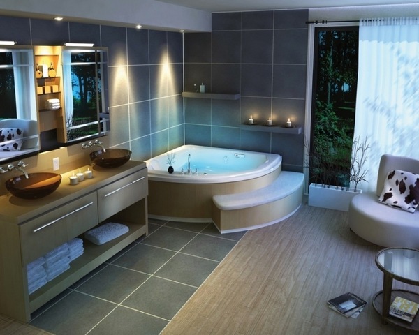 corner jacuzzi tub wood vanities bathroom design modern lighting