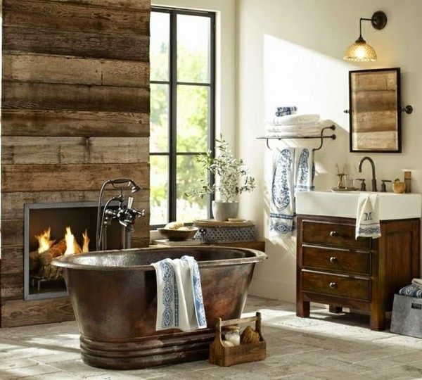 country bathroom ideas freestanding copper bathtub wooden wall panels fireplace