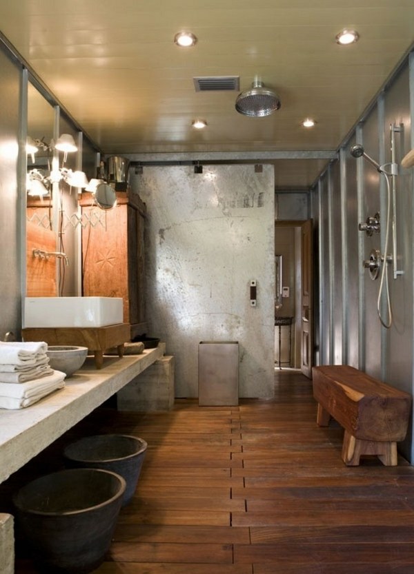 country bathroom ideas wood floor shower cabin concrete counter