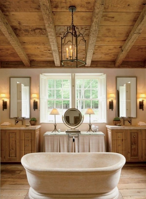country style rustic bath ceiling beams bathroom cabinets chandelier freestanding tub