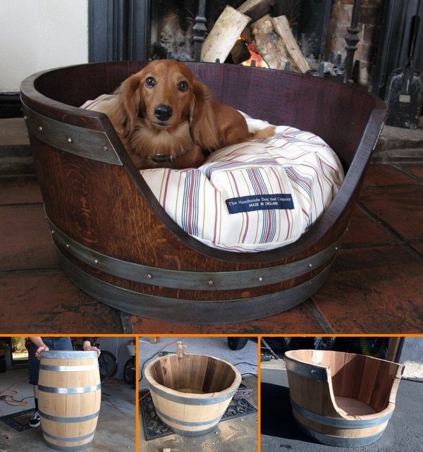 DIY ideas upcycling ideas wine barrel pet bed