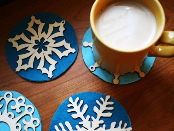 easy handmade gifts blue cup coasters white snowflakes