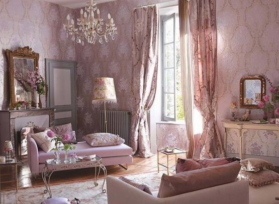 elegant-living-room-shabby-chic-style-decor-pastel-pink-interior-crystal-chandelier-frames-mirror