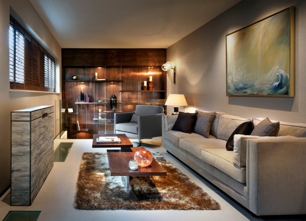 elegant long sofa wall shelves neutral colors