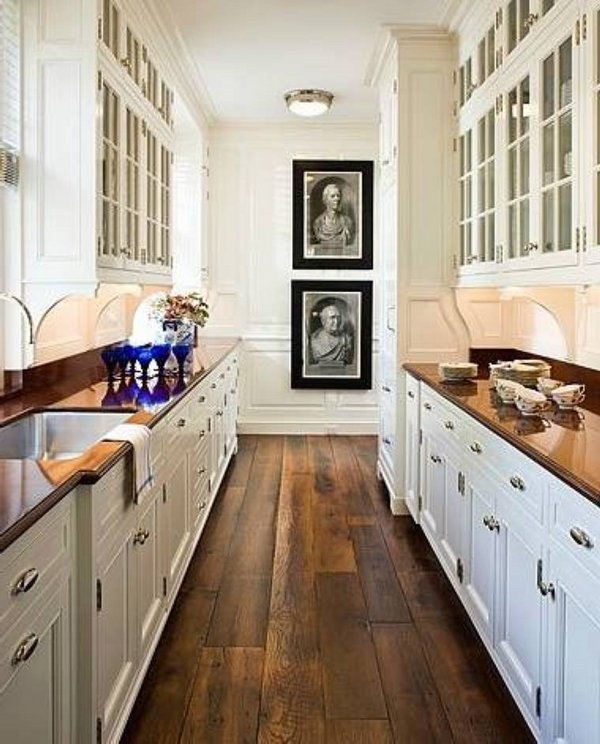 galley-kitchen-ideas-white-cabinets-galss-fronts-wood-flooring