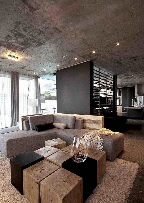 concrete ceiling wooden blocks coffee table sofa