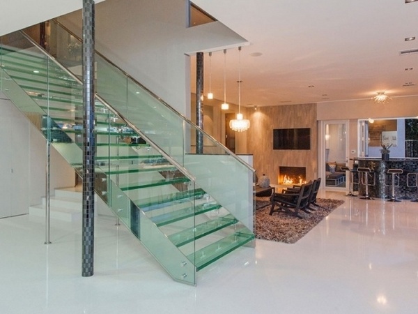glass stairs design ideas steel railing glossy flooring modern home