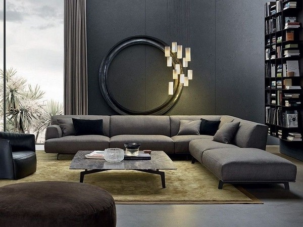 gray corner sofa modern living room interior design wall color carpet gold shade 