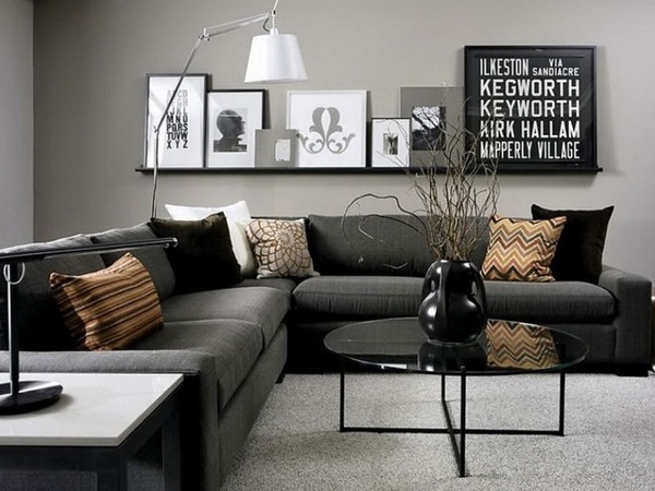 gray wall color corner sofa floor lamp wall shelf