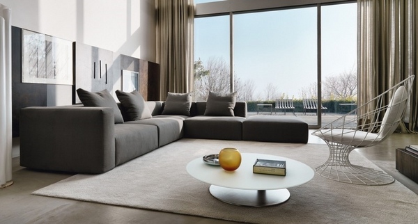 gray sectional sofa beige carpet modern low coffe table