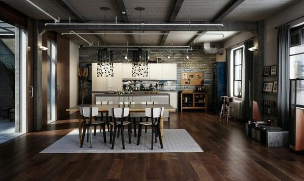 industrial kitchen loft apartment pipes wood floor 