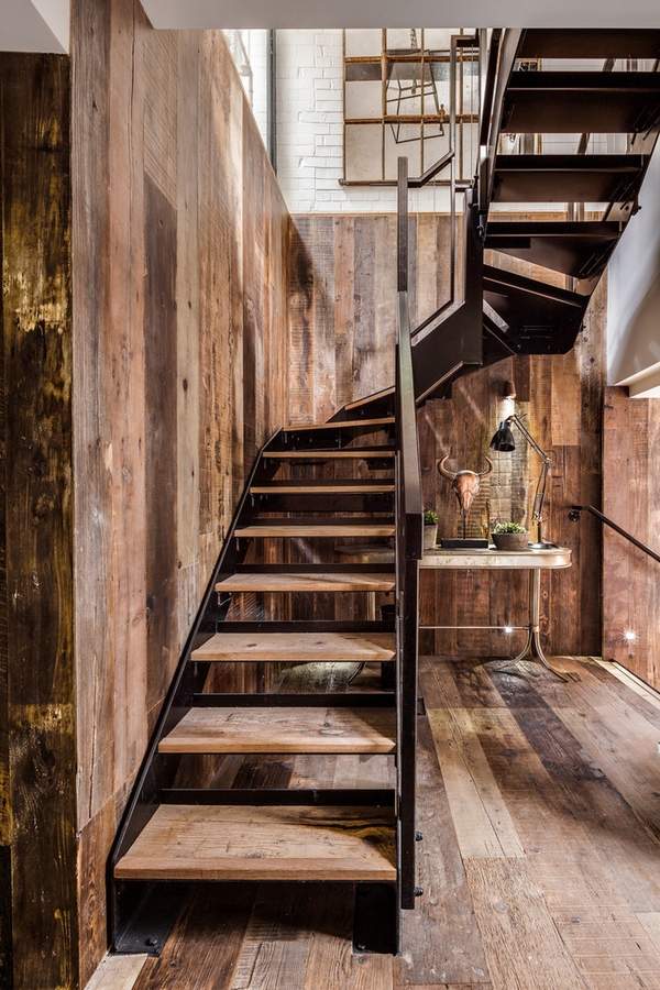 industrial staircase design oak wood and metal industrial decor 