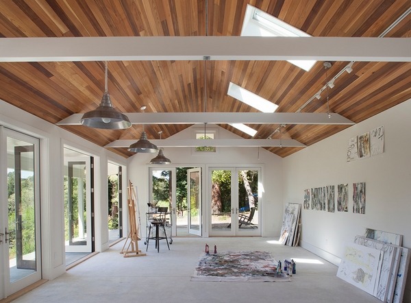 large art studio ideas wood ceiling skylights white wall color