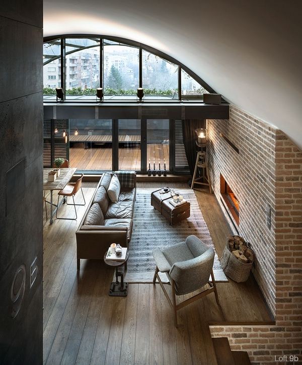 loft 9b industrial interior living room brick wall wood floor