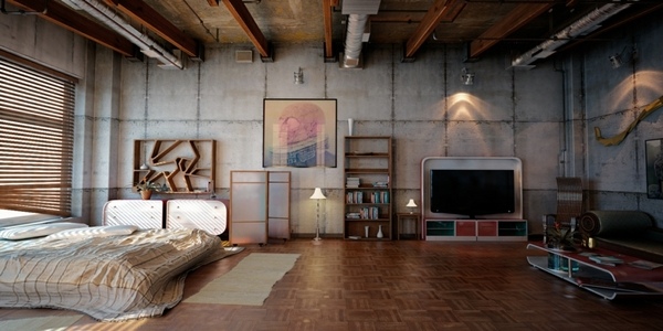 loft apartment bedroom interior exposed ceiling beams concrete walls