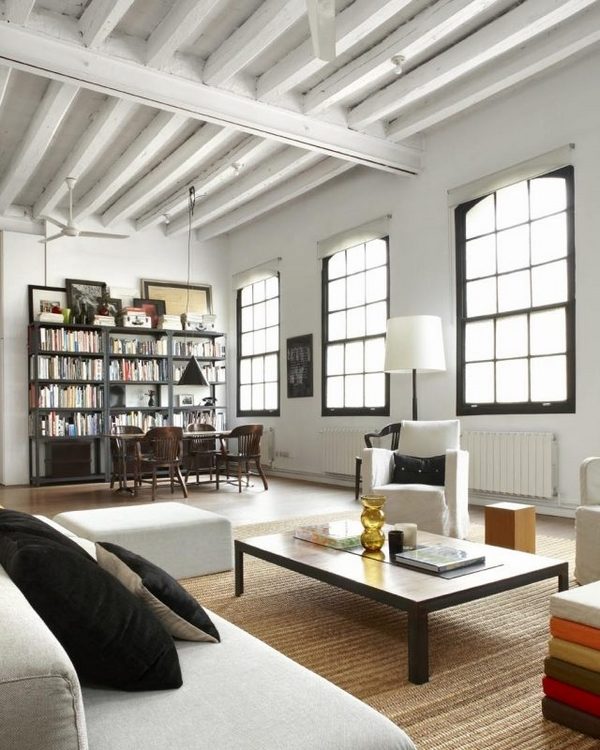 ideas living room design high ceiling beams large window modern furnitre